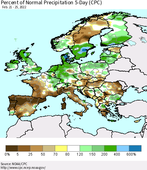 Europe Percent of Normal Precipitation 5-Day (CPC) Thematic Map For 2/21/2022 - 2/25/2022