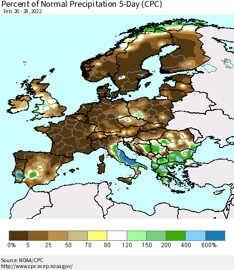 Europe Percent of Normal Precipitation 5-Day (CPC) Thematic Map For 2/26/2022 - 2/28/2022