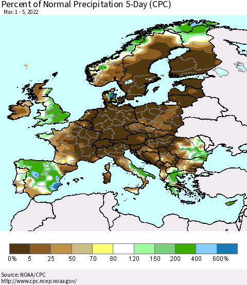 Europe Percent of Normal Precipitation 5-Day (CPC) Thematic Map For 3/1/2022 - 3/5/2022