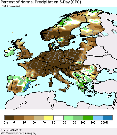 Europe Percent of Normal Precipitation 5-Day (CPC) Thematic Map For 3/6/2022 - 3/10/2022