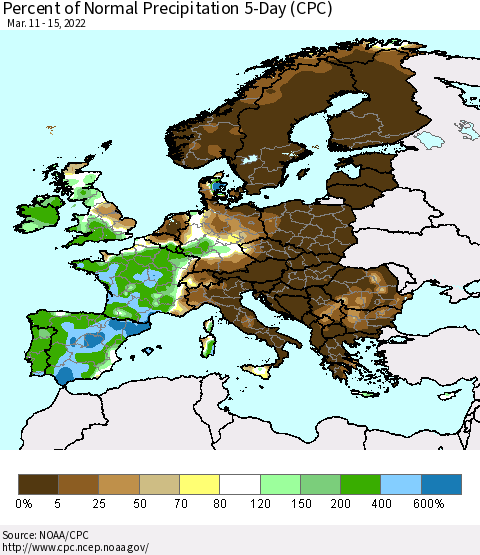 Europe Percent of Normal Precipitation 5-Day (CPC) Thematic Map For 3/11/2022 - 3/15/2022
