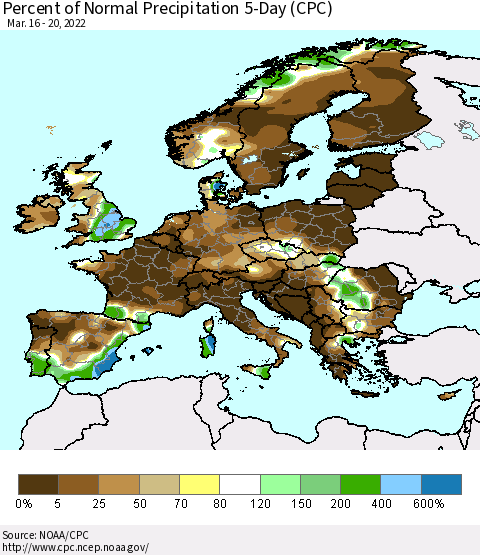 Europe Percent of Normal Precipitation 5-Day (CPC) Thematic Map For 3/16/2022 - 3/20/2022