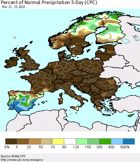 Europe Percent of Normal Precipitation 5-Day (CPC) Thematic Map For 3/21/2022 - 3/25/2022