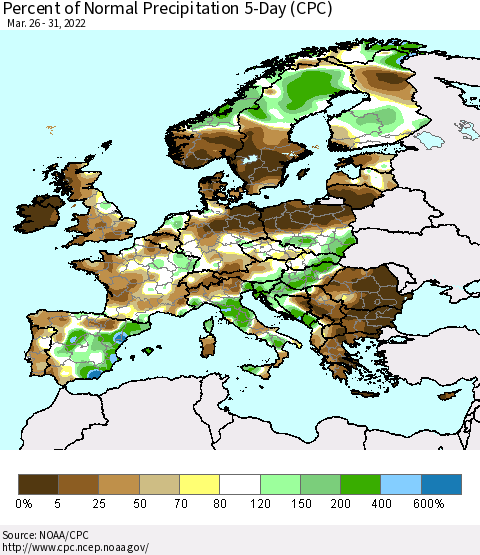 Europe Percent of Normal Precipitation 5-Day (CPC) Thematic Map For 3/26/2022 - 3/31/2022