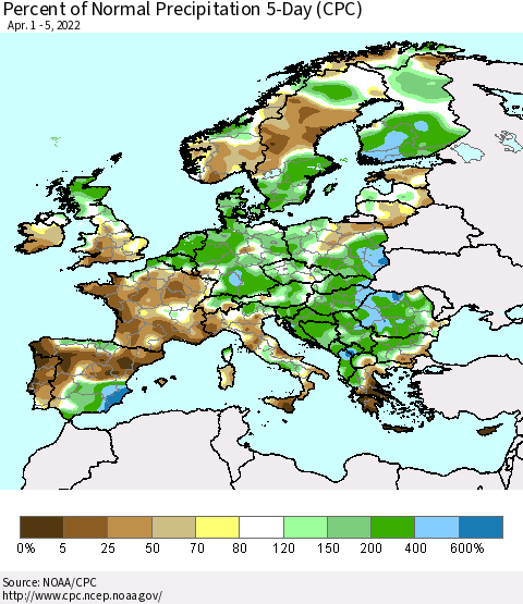 Europe Percent of Normal Precipitation 5-Day (CPC) Thematic Map For 4/1/2022 - 4/5/2022