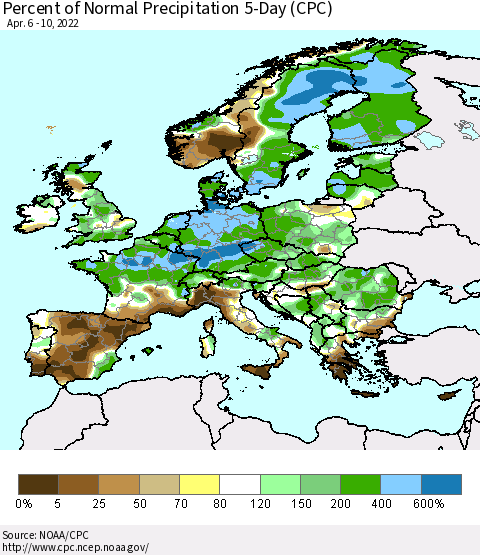 Europe Percent of Normal Precipitation 5-Day (CPC) Thematic Map For 4/6/2022 - 4/10/2022
