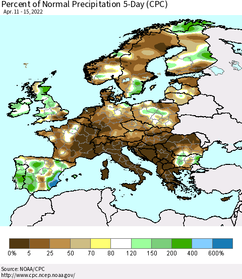 Europe Percent of Normal Precipitation 5-Day (CPC) Thematic Map For 4/11/2022 - 4/15/2022