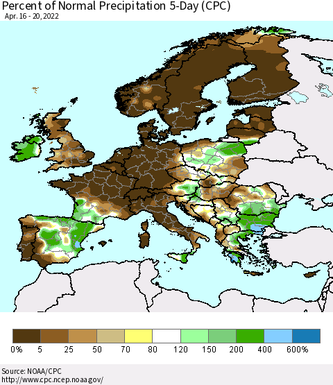 Europe Percent of Normal Precipitation 5-Day (CPC) Thematic Map For 4/16/2022 - 4/20/2022
