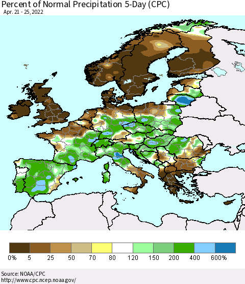 Europe Percent of Normal Precipitation 5-Day (CPC) Thematic Map For 4/21/2022 - 4/25/2022