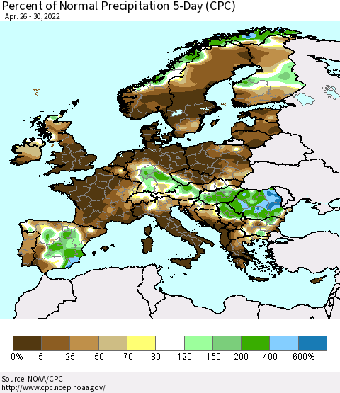 Europe Percent of Normal Precipitation 5-Day (CPC) Thematic Map For 4/26/2022 - 4/30/2022