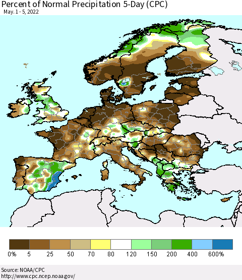 Europe Percent of Normal Precipitation 5-Day (CPC) Thematic Map For 5/1/2022 - 5/5/2022