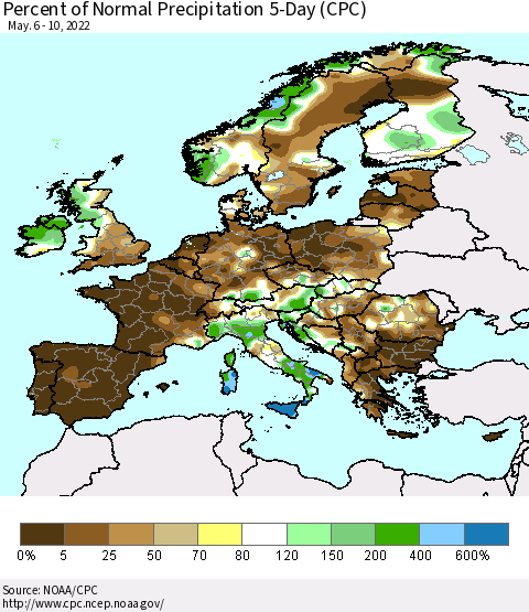 Europe Percent of Normal Precipitation 5-Day (CPC) Thematic Map For 5/6/2022 - 5/10/2022