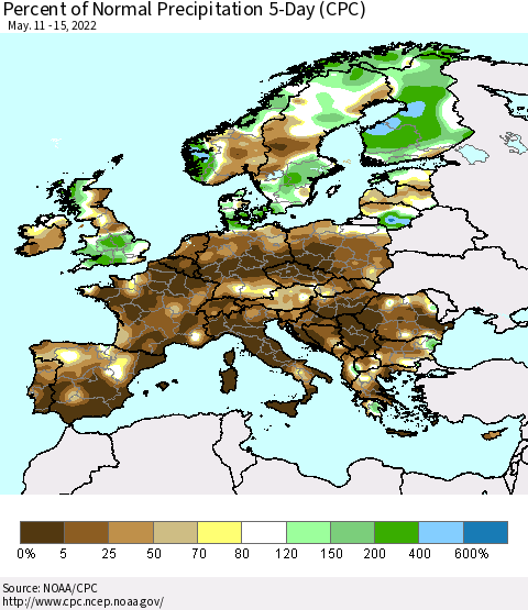 Europe Percent of Normal Precipitation 5-Day (CPC) Thematic Map For 5/11/2022 - 5/15/2022