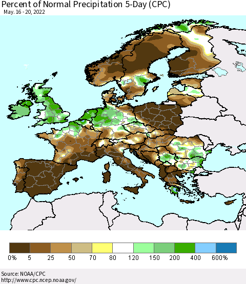 Europe Percent of Normal Precipitation 5-Day (CPC) Thematic Map For 5/16/2022 - 5/20/2022