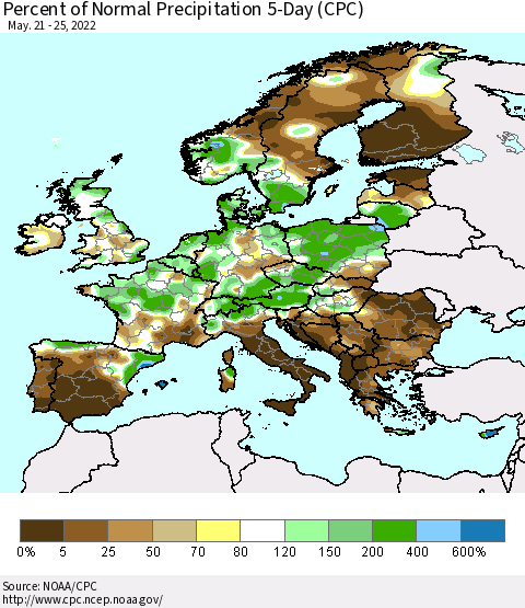 Europe Percent of Normal Precipitation 5-Day (CPC) Thematic Map For 5/21/2022 - 5/25/2022