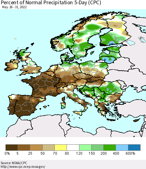 Europe Percent of Normal Precipitation 5-Day (CPC) Thematic Map For 5/26/2022 - 5/31/2022