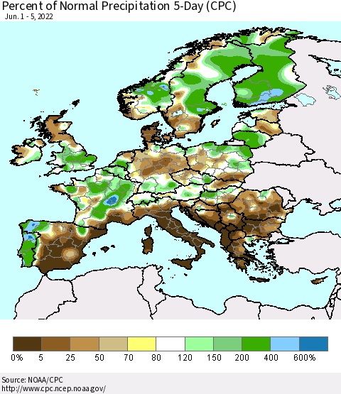 Europe Percent of Normal Precipitation 5-Day (CPC) Thematic Map For 6/1/2022 - 6/5/2022