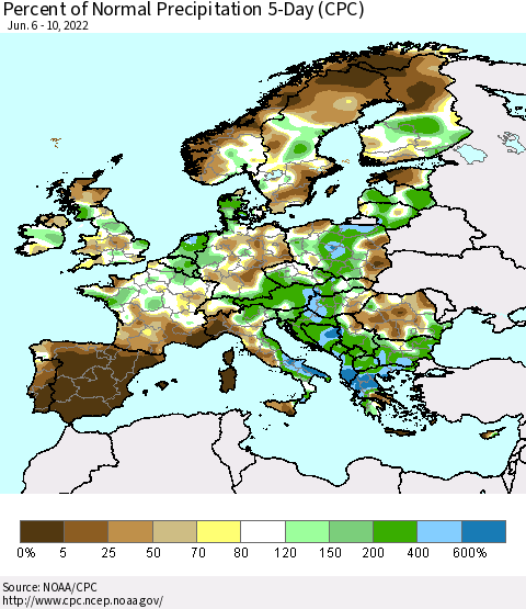 Europe Percent of Normal Precipitation 5-Day (CPC) Thematic Map For 6/6/2022 - 6/10/2022