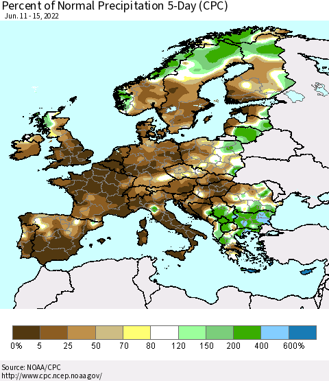 Europe Percent of Normal Precipitation 5-Day (CPC) Thematic Map For 6/11/2022 - 6/15/2022