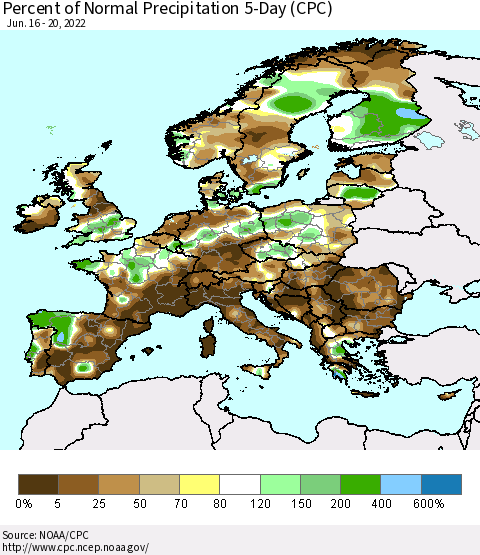 Europe Percent of Normal Precipitation 5-Day (CPC) Thematic Map For 6/16/2022 - 6/20/2022
