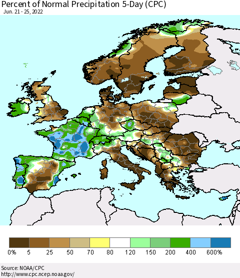 Europe Percent of Normal Precipitation 5-Day (CPC) Thematic Map For 6/21/2022 - 6/25/2022