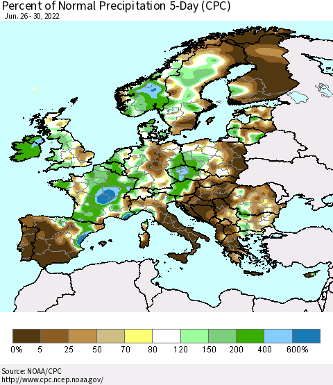 Europe Percent of Normal Precipitation 5-Day (CPC) Thematic Map For 6/26/2022 - 6/30/2022