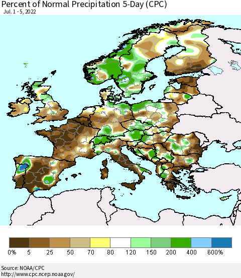 Europe Percent of Normal Precipitation 5-Day (CPC) Thematic Map For 7/1/2022 - 7/5/2022