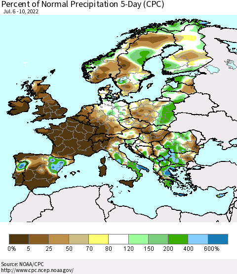 Europe Percent of Normal Precipitation 5-Day (CPC) Thematic Map For 7/6/2022 - 7/10/2022