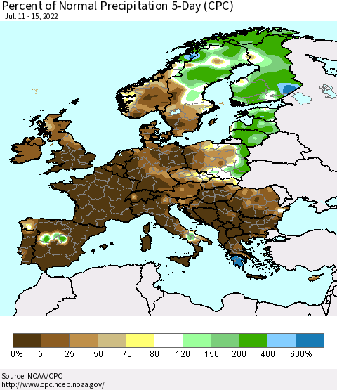Europe Percent of Normal Precipitation 5-Day (CPC) Thematic Map For 7/11/2022 - 7/15/2022