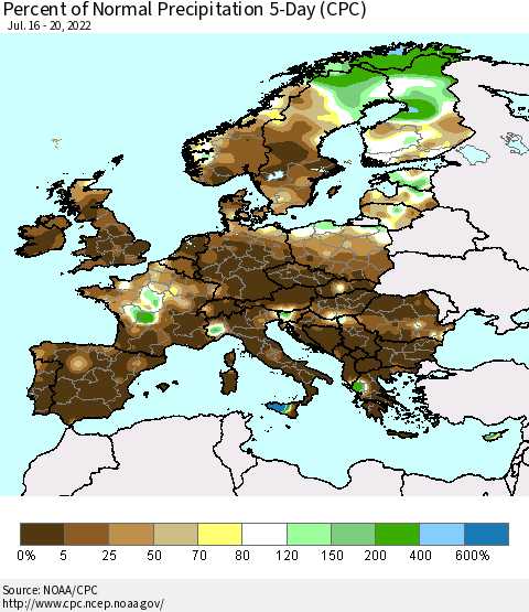 Europe Percent of Normal Precipitation 5-Day (CPC) Thematic Map For 7/16/2022 - 7/20/2022