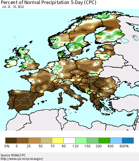 Europe Percent of Normal Precipitation 5-Day (CPC) Thematic Map For 7/21/2022 - 7/25/2022