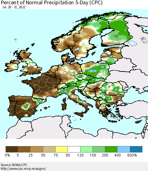 Europe Percent of Normal Precipitation 5-Day (CPC) Thematic Map For 7/26/2022 - 7/31/2022