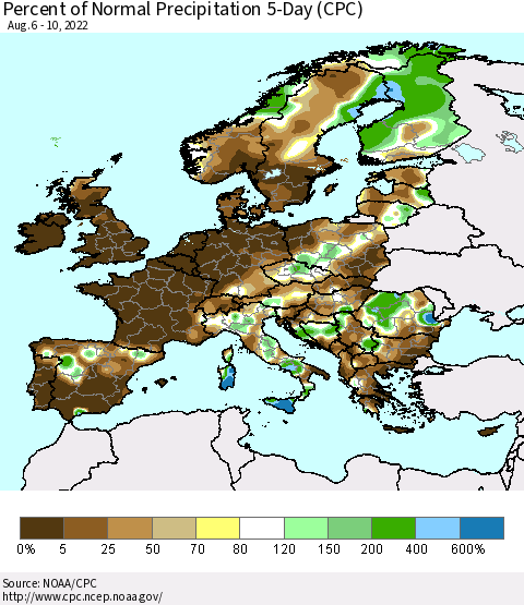 Europe Percent of Normal Precipitation 5-Day (CPC) Thematic Map For 8/6/2022 - 8/10/2022