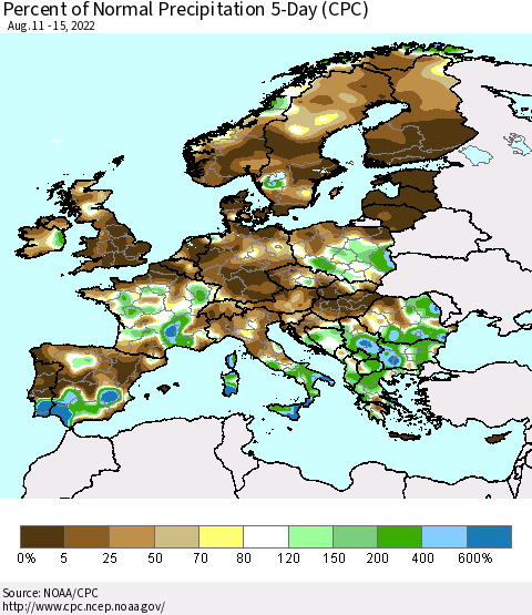 Europe Percent of Normal Precipitation 5-Day (CPC) Thematic Map For 8/11/2022 - 8/15/2022