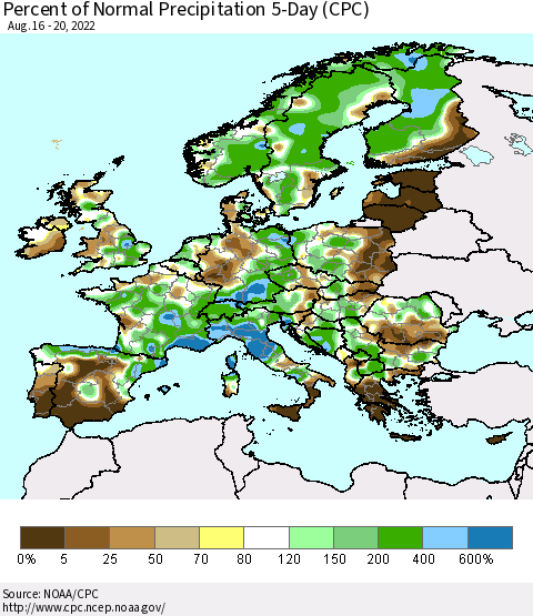 Europe Percent of Normal Precipitation 5-Day (CPC) Thematic Map For 8/16/2022 - 8/20/2022