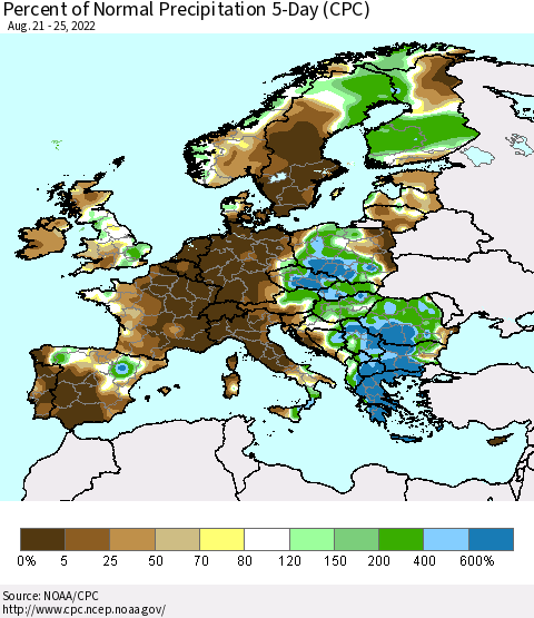 Europe Percent of Normal Precipitation 5-Day (CPC) Thematic Map For 8/21/2022 - 8/25/2022