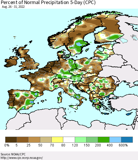 Europe Percent of Normal Precipitation 5-Day (CPC) Thematic Map For 8/26/2022 - 8/31/2022