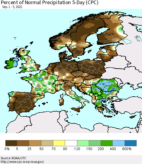 Europe Percent of Normal Precipitation 5-Day (CPC) Thematic Map For 9/1/2022 - 9/5/2022