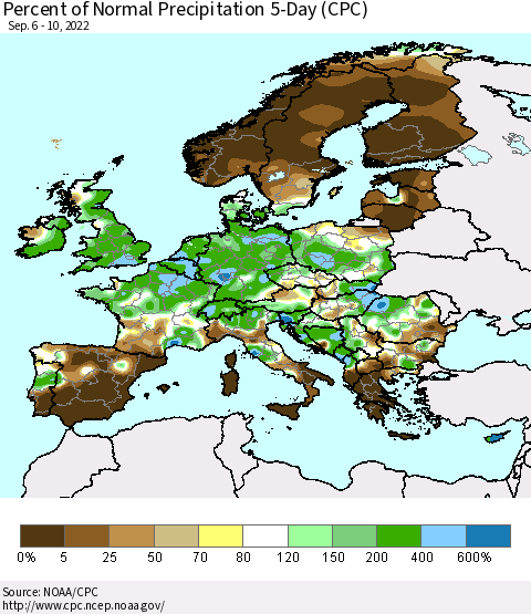Europe Percent of Normal Precipitation 5-Day (CPC) Thematic Map For 9/6/2022 - 9/10/2022