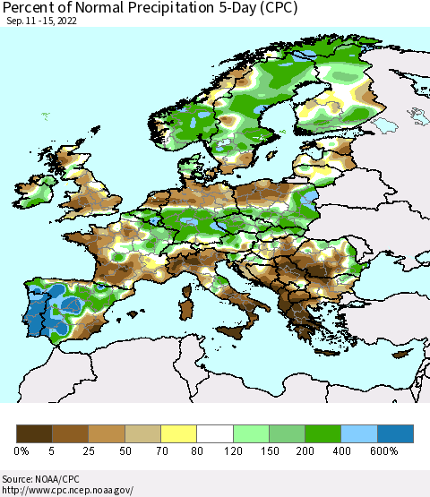 Europe Percent of Normal Precipitation 5-Day (CPC) Thematic Map For 9/11/2022 - 9/15/2022