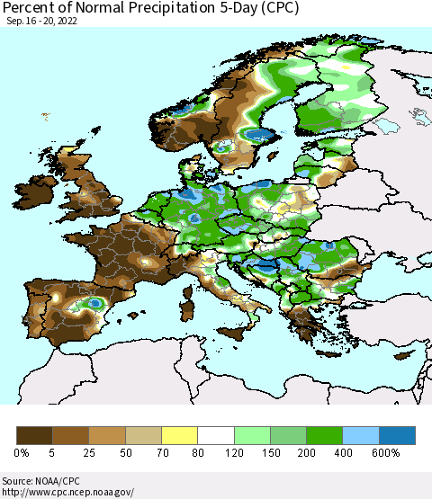Europe Percent of Normal Precipitation 5-Day (CPC) Thematic Map For 9/16/2022 - 9/20/2022