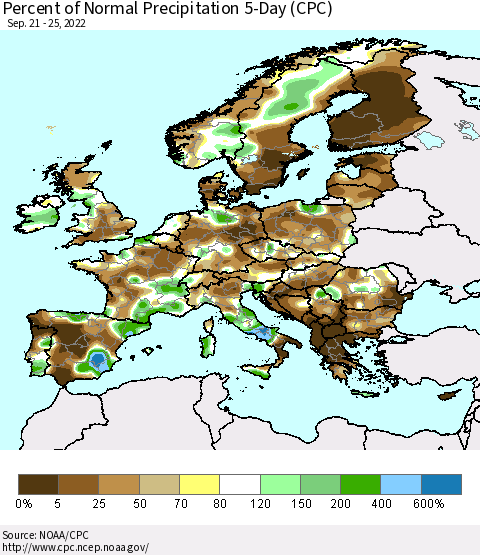 Europe Percent of Normal Precipitation 5-Day (CPC) Thematic Map For 9/21/2022 - 9/25/2022