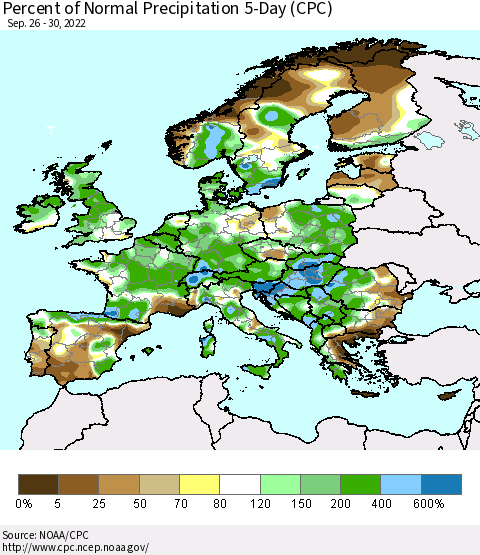 Europe Percent of Normal Precipitation 5-Day (CPC) Thematic Map For 9/26/2022 - 9/30/2022