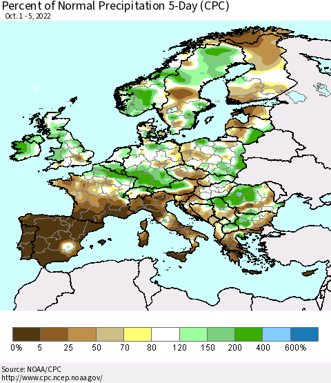Europe Percent of Normal Precipitation 5-Day (CPC) Thematic Map For 10/1/2022 - 10/5/2022