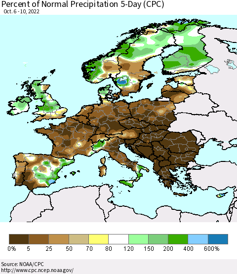 Europe Percent of Normal Precipitation 5-Day (CPC) Thematic Map For 10/6/2022 - 10/10/2022
