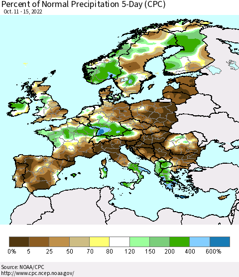 Europe Percent of Normal Precipitation 5-Day (CPC) Thematic Map For 10/11/2022 - 10/15/2022