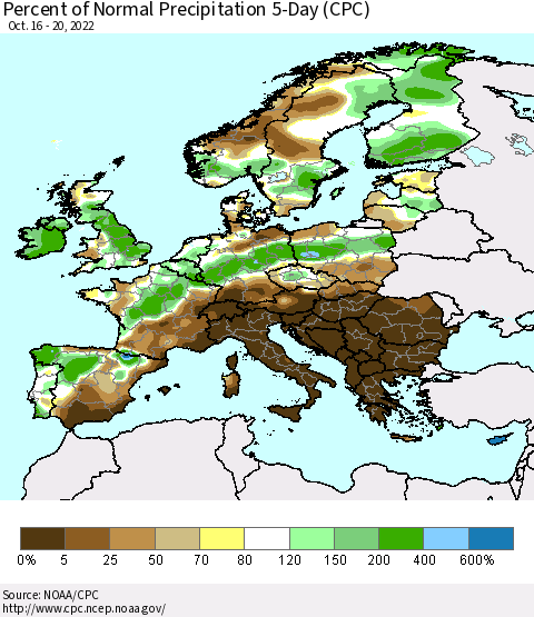 Europe Percent of Normal Precipitation 5-Day (CPC) Thematic Map For 10/16/2022 - 10/20/2022