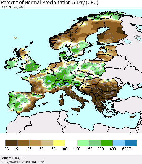 Europe Percent of Normal Precipitation 5-Day (CPC) Thematic Map For 10/21/2022 - 10/25/2022
