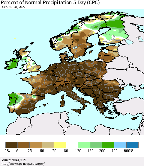 Europe Percent of Normal Precipitation 5-Day (CPC) Thematic Map For 10/26/2022 - 10/31/2022
