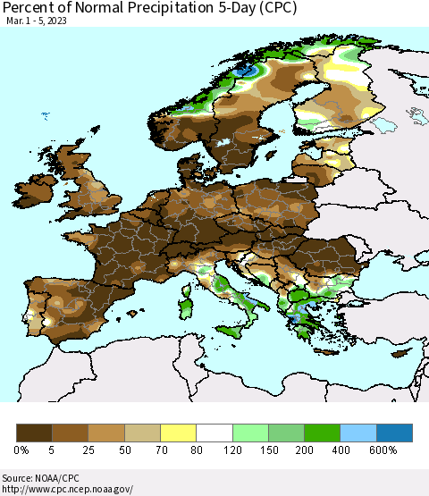 Europe Percent of Normal Precipitation 5-Day (CPC) Thematic Map For 3/1/2023 - 3/5/2023